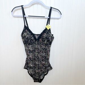 Nicole Miller NY Black & Multicolor Mesh One-Piece Bodysuit Lingerie Medium NEW